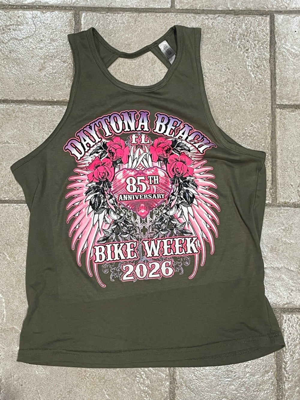 Daytona Beach Bike Week 2026 Olive Tank Top with Pink Graphic